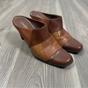 Studio Works Brown Patchwork Faux Leather Heeled Mules SZ 8 Y2K Vintage Inspired